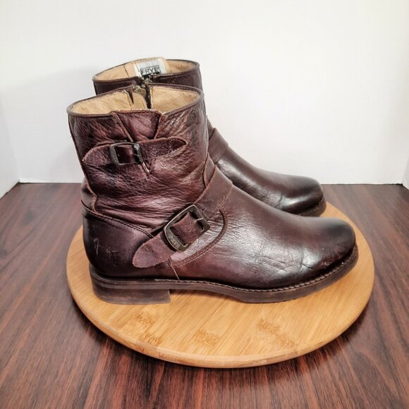 Vintage Frye Boots Womens 9 Vicky Burgandy Leather Engineer Moto Biker Zip Y2K